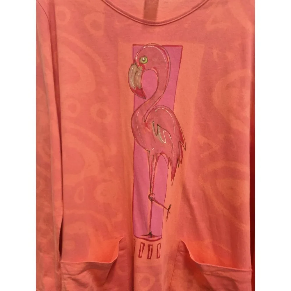 Creation By Tina Womens Wearable Art Tunic Top Small Orange Flamingo Long Sleeve